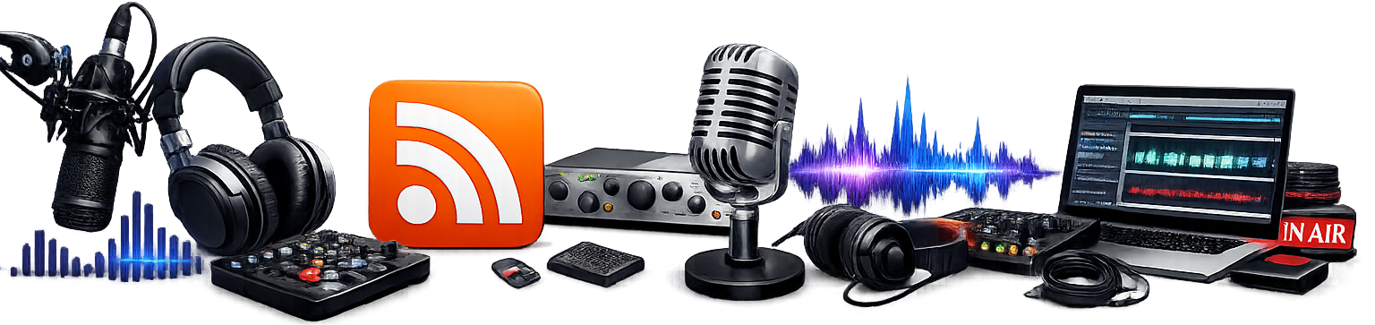 an image with a collection of various items related to podcasting (microphones, headphones, interfaces, computers, etc.) 